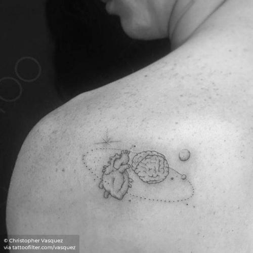 By Christopher Vasquez, done at West 4 Tattoo, Manhattan.... vasquez;small;single needle;heart vs brain;facebook;shoulder blade;twitter;other
