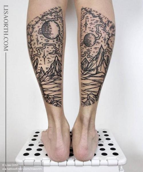 By Lisa Orth, done at Alleged Tattoo, Los Angeles.... lisaorth;calf;individual matching;matching;big;landscape;facebook;nature;twitter;engraving