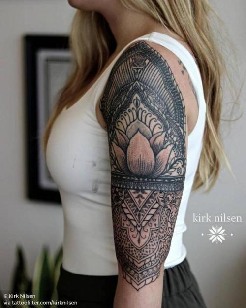 By Kirk Nilsen, done at Crown & Anchor Tattoo Parlor, Point... healed;flower;lotus flower;big;half sleeve;henna;kirknilsen;facebook;nature;twitter;hindu;religious;other