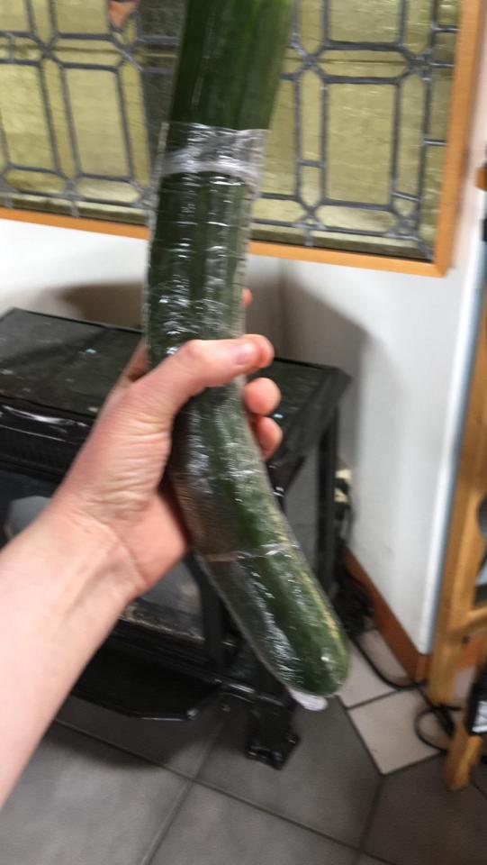 Blurry picture of a hand holding up a cucumber
