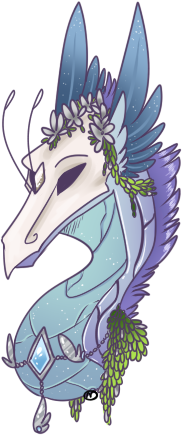 Bust of a skydancer dragon; she has a purple-blue stained glass look, and is wearing a skull mask over her face, a crown of silver flowers and a silver necklace; green leaves drape over her shoulder.