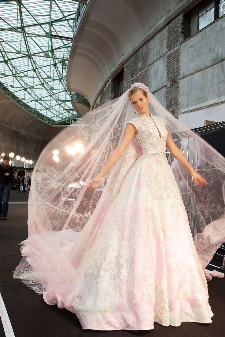 Toni Garrn in a pink wedding dress at Elie Saab ...