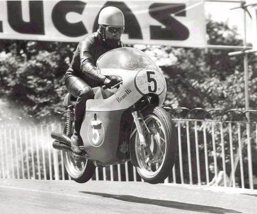 Pasolini leaping Ballagh Bridge at the 1968 Isle of Man TT