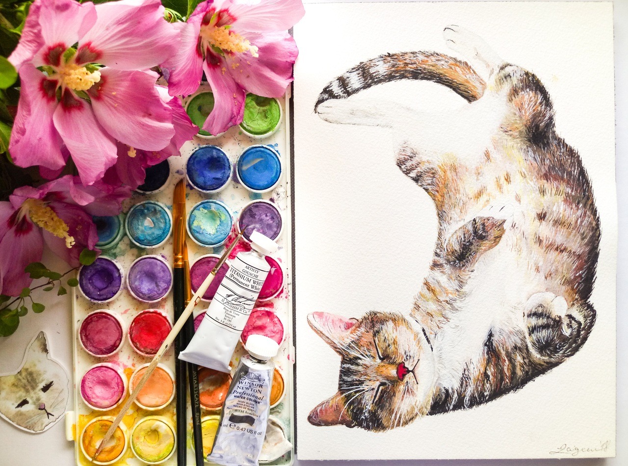 Watercolor Cat Painting by Zaiguu