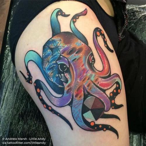 By Andrew Marsh · Little Andy, done at Church Yard Tattoo... octopus;mollusc;big;animal;contemporary;thigh;facebook;nature;twitter;ocean;littleandy;illustrative