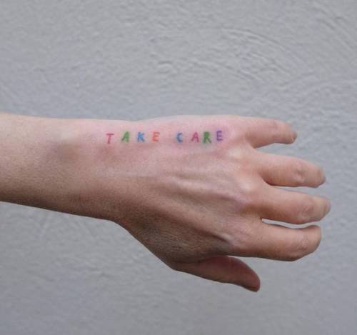 By Victor Zabuga, done in Tel Aviv. http://ttoo.co/p/72581 small;languages;contemporary;tiny;victorzabuga;ifttt;little;take care;english;quotes;hand;illustrative;english tattoo quotes