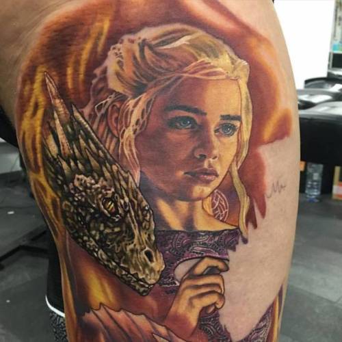 By Alex Rattray, done at Red Hot and Blue Tattoo, Edinburgh.... daenerys targaryen;fictional character;big;tv series;thigh;facebook;game of thrones;realistic;twitter;alexrattray;portrait