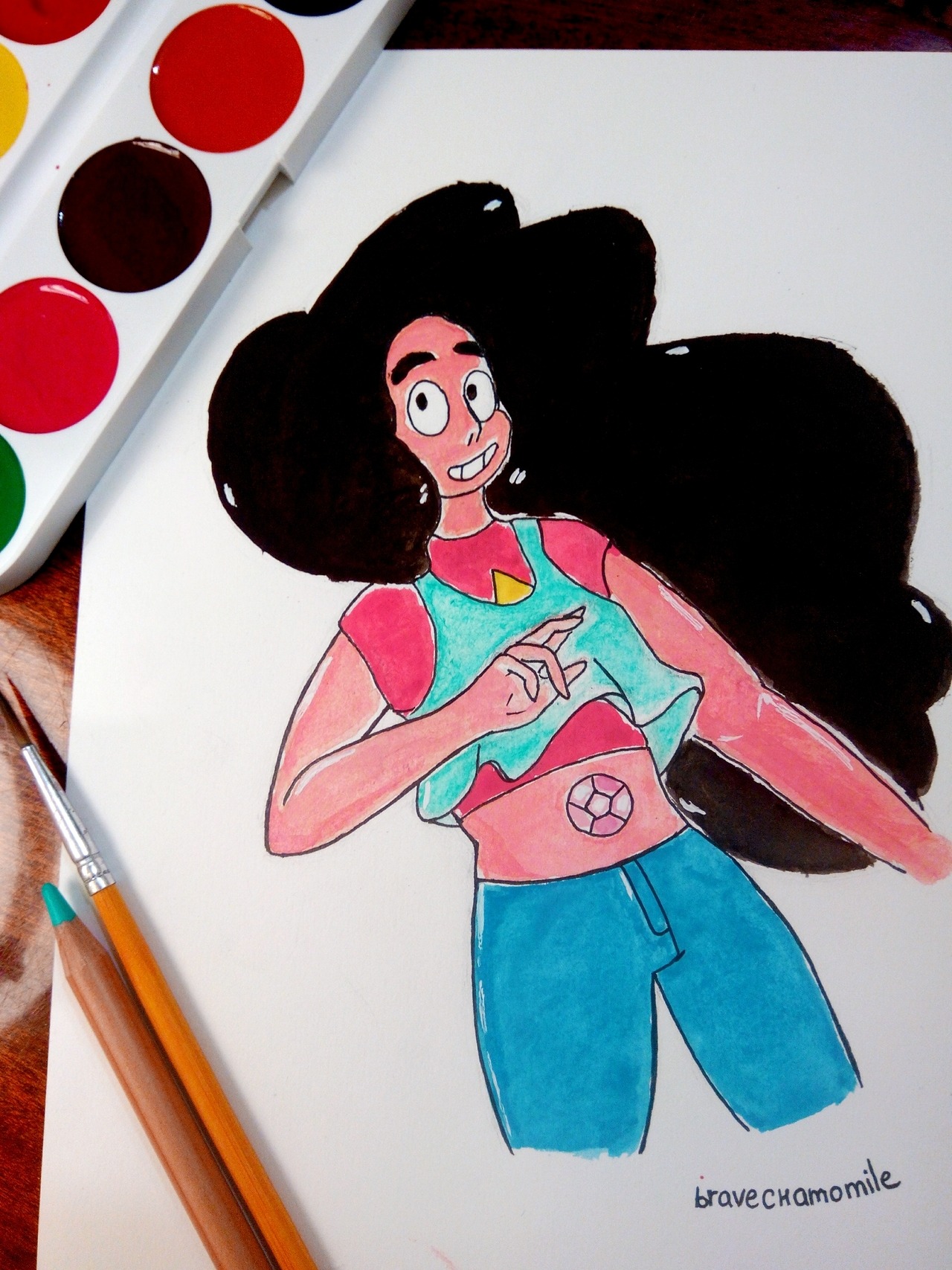 Happy 5th anniversary of Steven Universe!

 Words cannot express how incredible this show is! I couldn’t decide who to draw, but @cartoonfanorwhatever suggested Stevonnie and I couldn’t resist :D

 I haven’t used watercolors for so many years, and yesterday I bought them, so yeah, I’m pretty happy with the result and enjoyed the process :3 (got a lot to learn though)