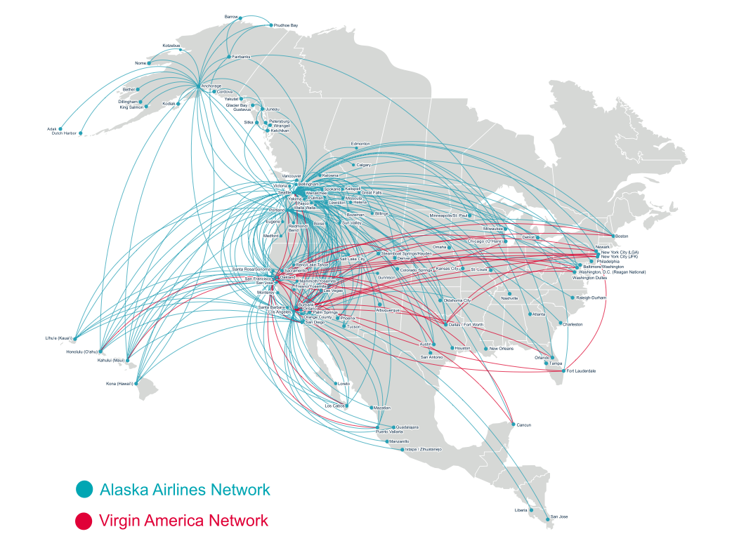 airline maps — alaska airlines and virgin america route network,