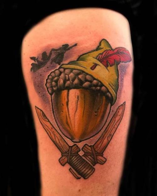 By Clutch, done at Fable Tattoo Gallery, Richmond.... peter pan;clutch;good luck;acorn;disney;facebook;nature;twitter;medium size;other;autumn;four season;neotraditional;upper arm;film and book