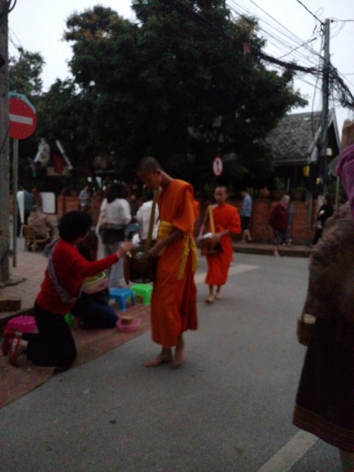 Laos. Monks doing morning alms..