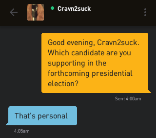 Me: Good evening, Cravn2suck. Which candidate are you supporting in the forthcoming presidential election? Cravn2suck: That's personal
