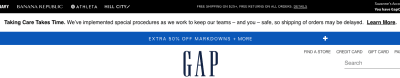 Gap’s 'Taking Care Takes Time' banner notice on website