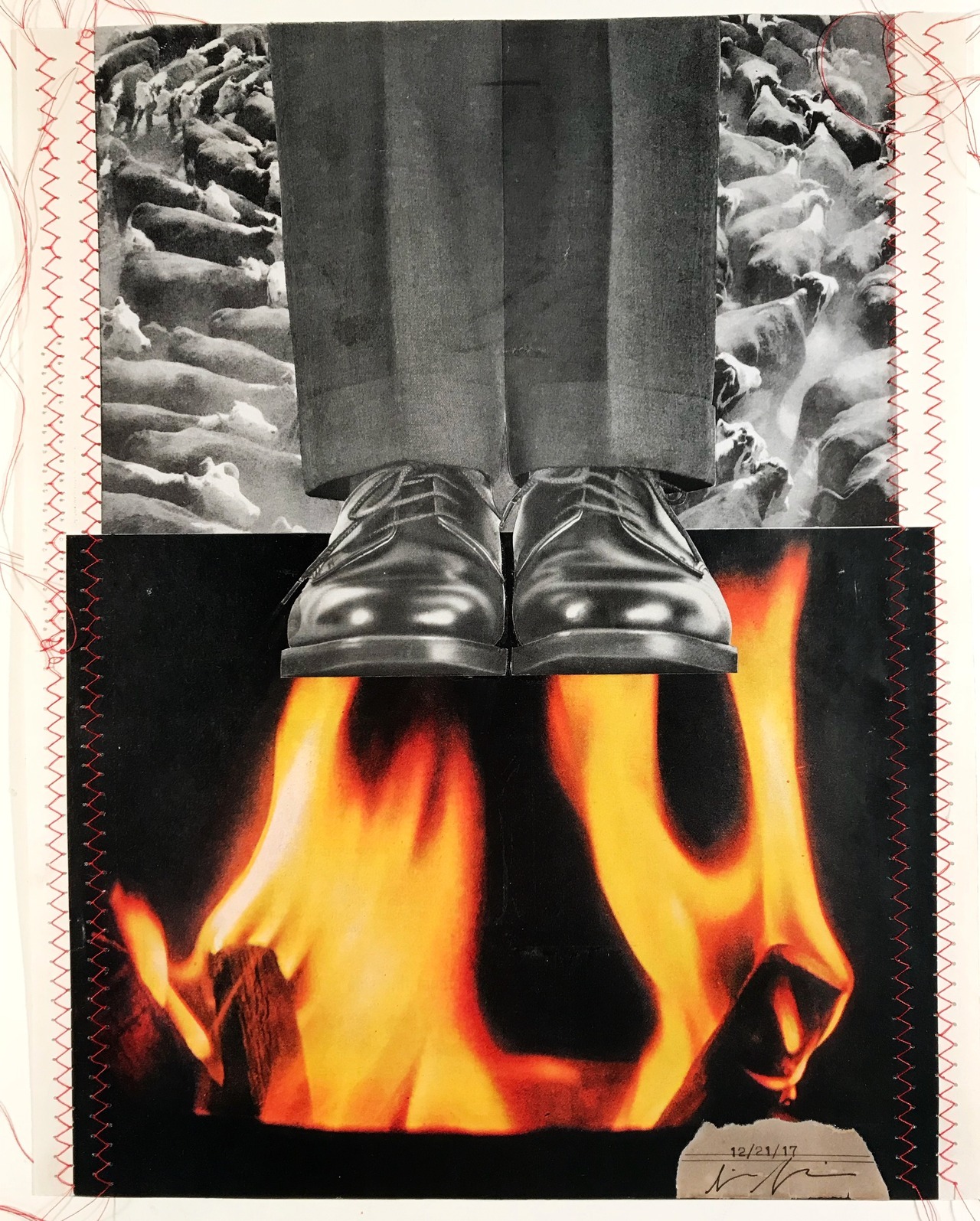 Feet To The Flame,14x11, collage and mixed media, December 21, 2017