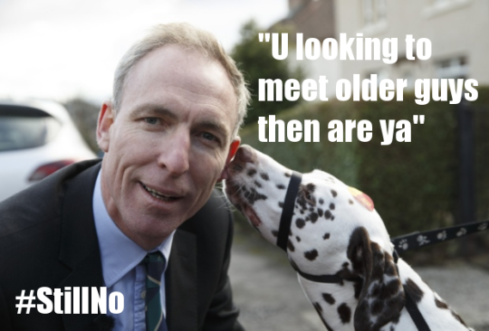 Jim Murphy and a dalmatian, captioned 'U looking to meet older guys then are ya' #StillNo