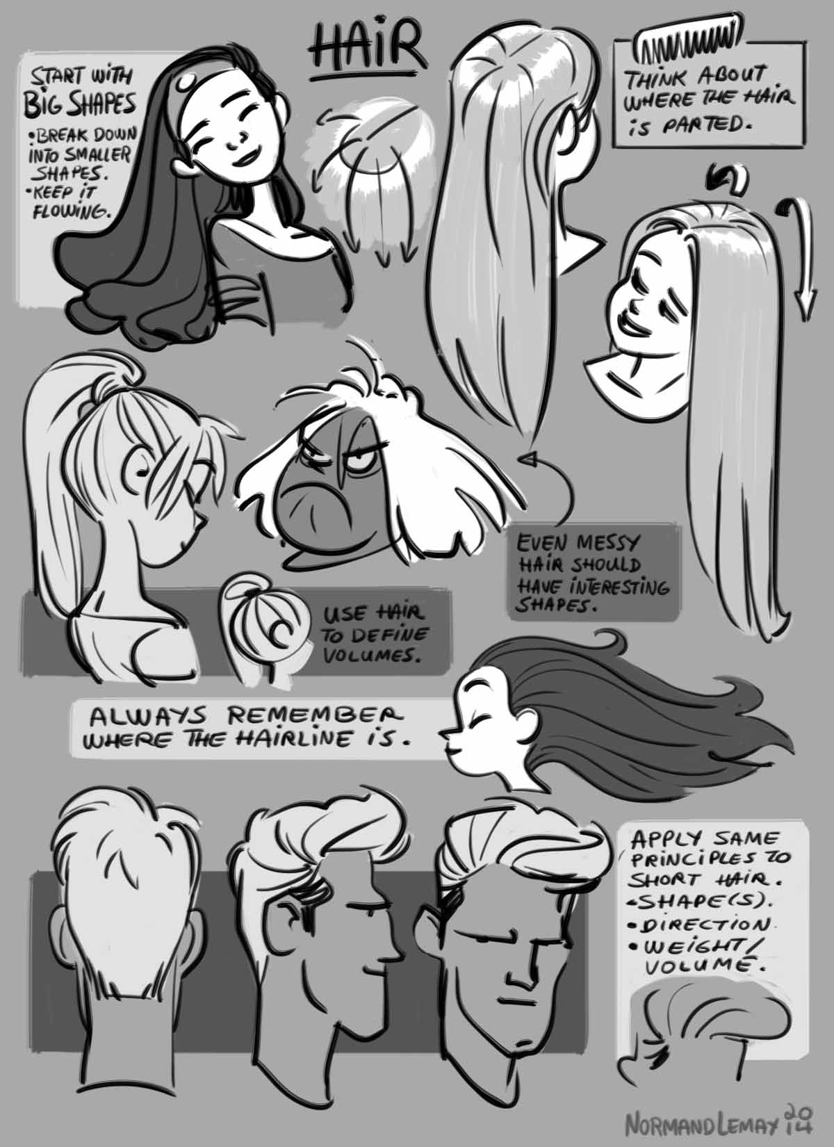 Griz & Norm's Hair Tuesday Tip illustrating hair shape, weight, and volume on female and male characters