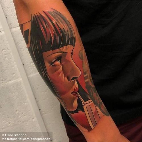 By Dane Grannon, done in Hull. http://ttoo.co/p/34821 big;cartoon;contemporary;danegrannon;facebook;famous character;fictional character;film and book;forearm;mia wallace;pop art;pulp fiction;twitter;uma thurman