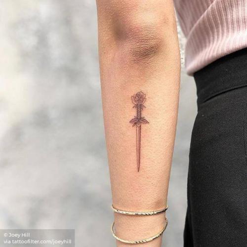By Joey Hill, done at High Seas Tattoo Parlor, Los Angeles.... fine line;small;dagger;single needle;line art;tiny;joeyhill;ifttt;little;forearm;weapon