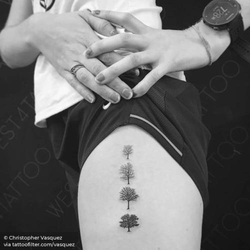 By Christopher Vasquez, done at West 4 Tattoo, Manhattan.... vasquez;leafless tree;tree;thigh;facebook;nature;twitter;medium size;autumn;four season;illustrative