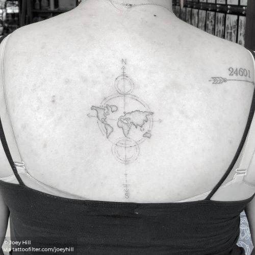 By Joey Hill, done in Los Angeles. http://ttoo.co/p/34921 compass rose;facebook;joeyhill;map;medium size;nautical;single needle;travel;twitter;upper back;world map