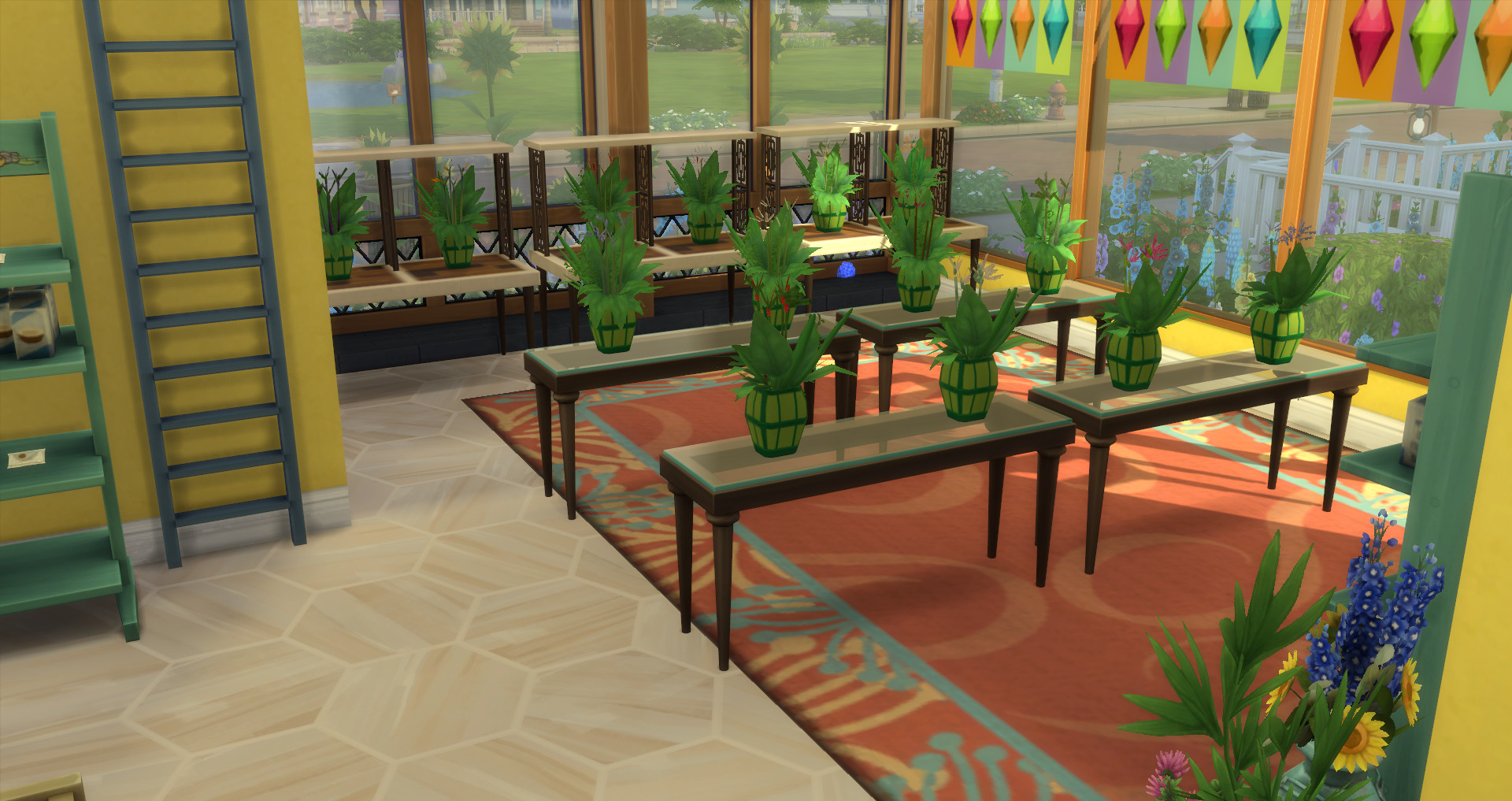 An screenshot of The Sims 4 of the same flower shop, only the flower arrangements now all use the same ribbed green default vase, and the flowers have been removed and replaced with four tall, skinny default flowers in different colors.
