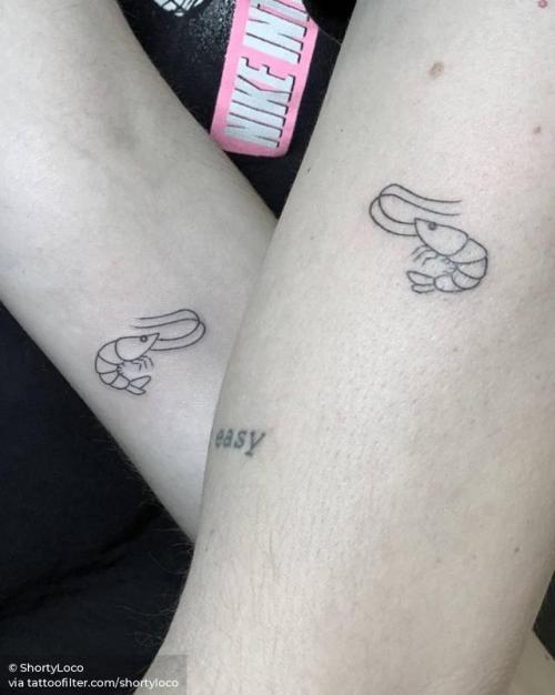 By ShortyLoco, done in Manhattan. http://ttoo.co/p/206238 small;matching;matching tattoos for couples;micro;shrimp;crustacean;tiny;shortyloco;love;ifttt;little;minimalist;couple;inner forearm;upper arm;fine line;line art;animal