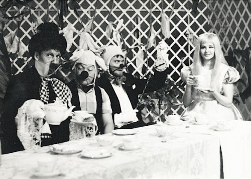 â€œ Mad Hatter (Alan Graham), Dormouse (Peter Piccini), March Hare (Peter Harries) and Alice (Pixie Hale) in Alice in Wonderland.
Pixie Hale in a serial production of Alice in Wonderland, on the Channel Niners Club during Christmas 1966 in Western...