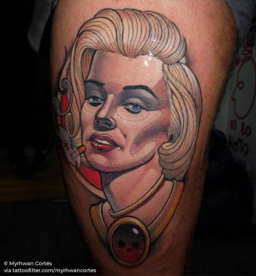 By Myrhwan Cortés, done at Exotic Tattoo, Murcia.... music;patriotic;big;women;united states of america;character;thigh;facebook;marilyn monroe;twitter;myrhwancortes;portrait;other;new school
