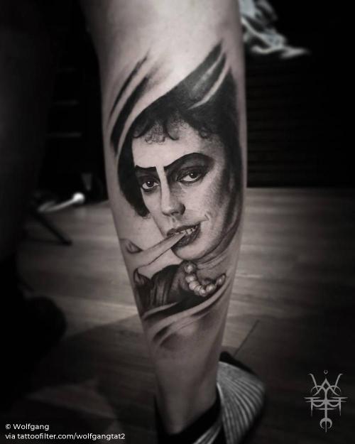By Wolfgang, done in Melbourne. http://ttoo.co/p/34970 black and grey;calf;dr frank n furter;facebook;fictional character;film and book;medium size;portrait;the rocky horror picture show;twitter;wolfgangtat2