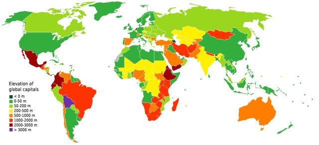 Countries colored according to the altitude of... - Maps on the Web