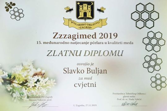 JOŠ JEDNA ZLATNA DIPLOMA ZA GLAMOČKI MED: Zlatna diploma  je četvrto priznanje za kvalitetu meda pčelaru Slavku Buljan