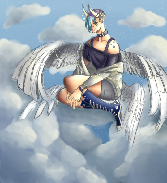 @crimson-chainsĀ ās OC Aster! A very cool design and a lot of fun to draw. I think I should work on backgrounds and clouds a bit...