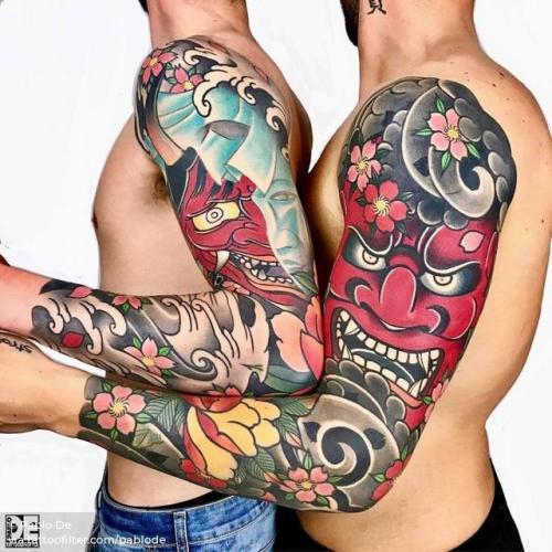 By Pablo De, done at Tattoo Lifestyle, Livorno.... pablode;patriotic;traditional;japanese culture;huge;mask;hannya;facebook;twitter;sleeve;other