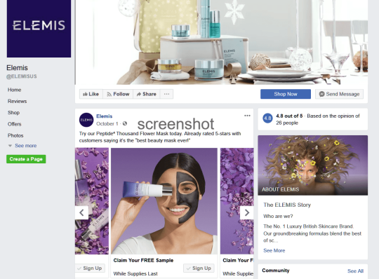 elemis facebook page active ads section.