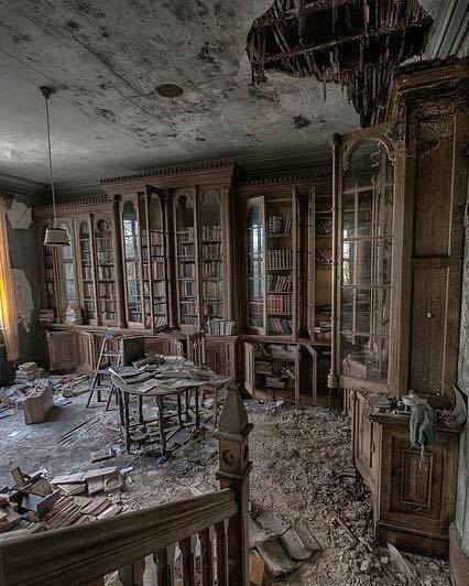 steampunktendencies:A library inside an abandoned 19th century...