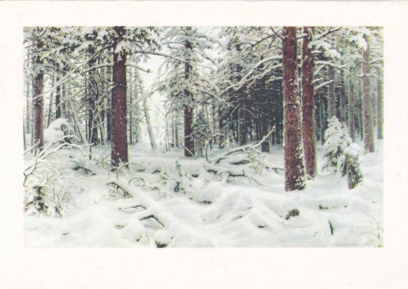 Winter by Ivan Shishkin, vintage greeting card (1974)