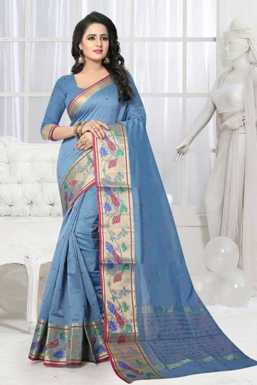 Glaucous grey handloom silk printed saree with glaucous grey...