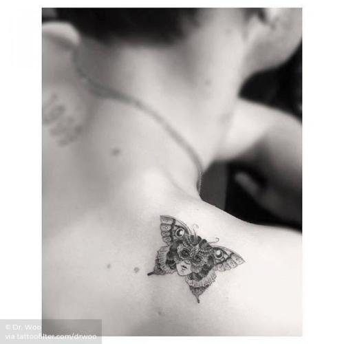 Anwar Hadid | By Dr. Woo, done at Hideaway at Suite X, Los... insect;small;single needle;butterfly;animal;models;women;celebrity;facebook;butterfly woman;shoulder blade;twitter;drwoo;other;anwar hadid