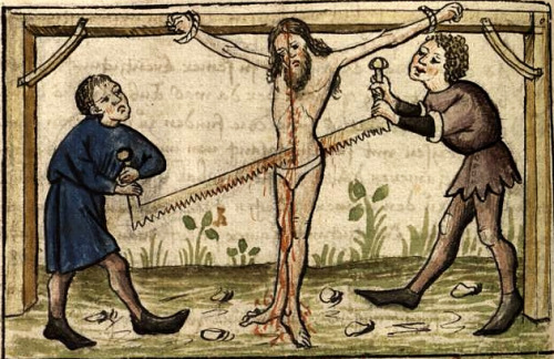 Prophet Isaiah’s martyrdom by sawing. Speculum humanae salvationis. Swabian ~ ca.1415 Amberg Provinzialbibliothek • via Bibliothèque Infernale on FB