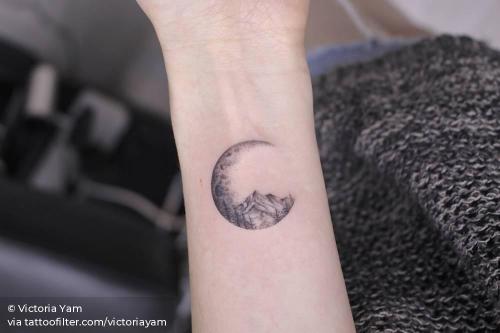 By Victoria Yam, done in Hong Kong. http://ttoo.co/p/33200 astronomy;circle;crescent moon;dotwork;facebook;geometric shape;illustrative;inner forearm;landscape;moon;mountain;nature;small;twitter;victoriayam