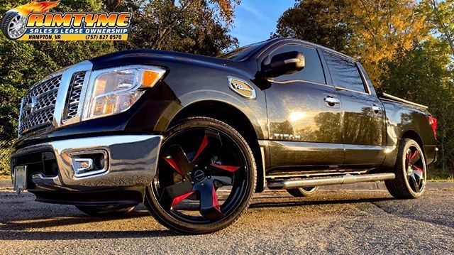 Nissan Titan sitting on 24" Strada Coltello Black and Red Wheels wrapped in Lexani 305-35-24 tires via RimTyme of Hampton, VA (757) 827-0570