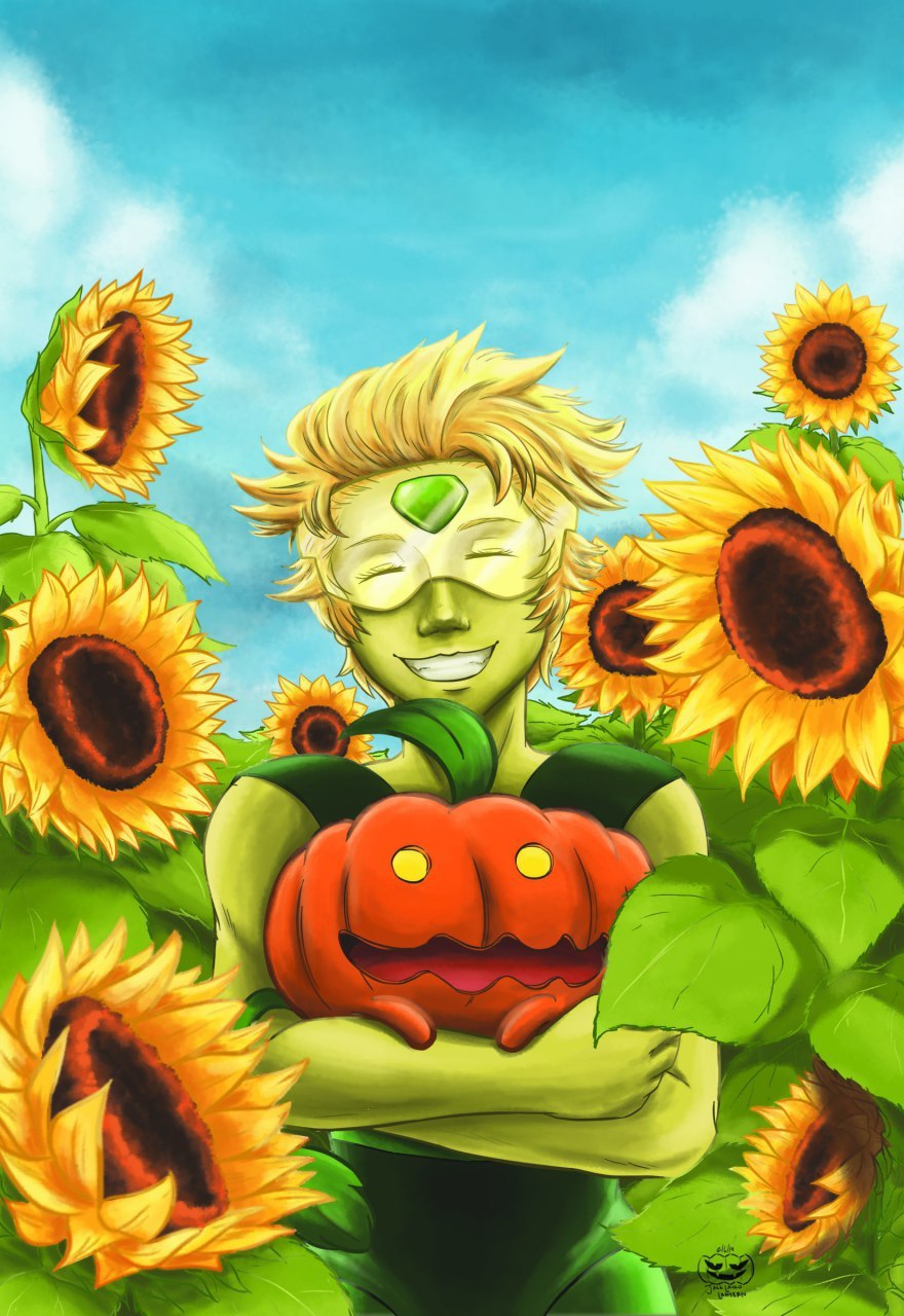 Aaand its done haha. I imagine this is a picture taken when Steven, Peridot and Pumpkin are going around   one of the sunflower fields. Steven takes a photo of Peridot and Pumpkin and Peri later...