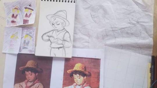 First steps: reference, grid guides, traces, sketch, colored thumbnails