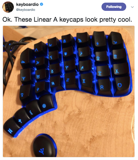 We finally got our sample Linear A keycaps onto a keyboard