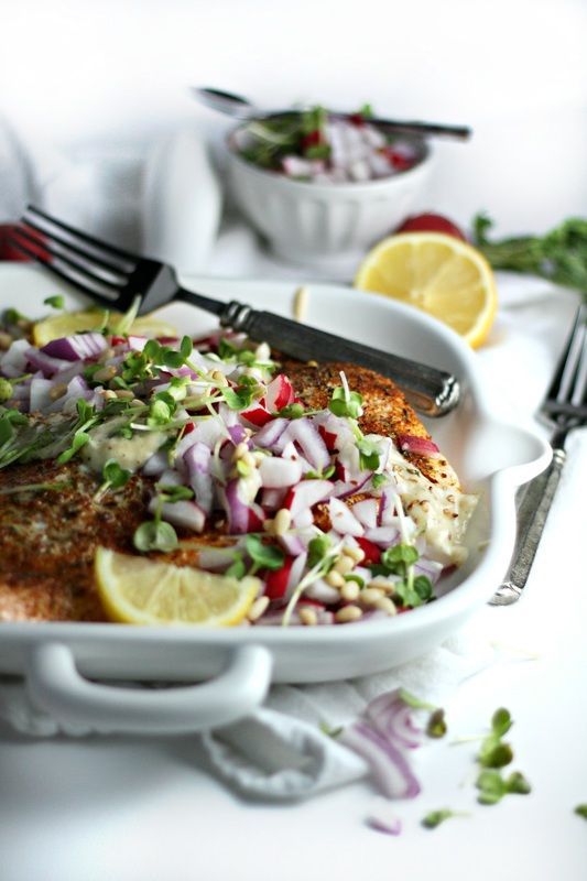 Grilled Salmon with Miso Cream Sauce and Radish-Sprout Relish Drool-Worthy Daily