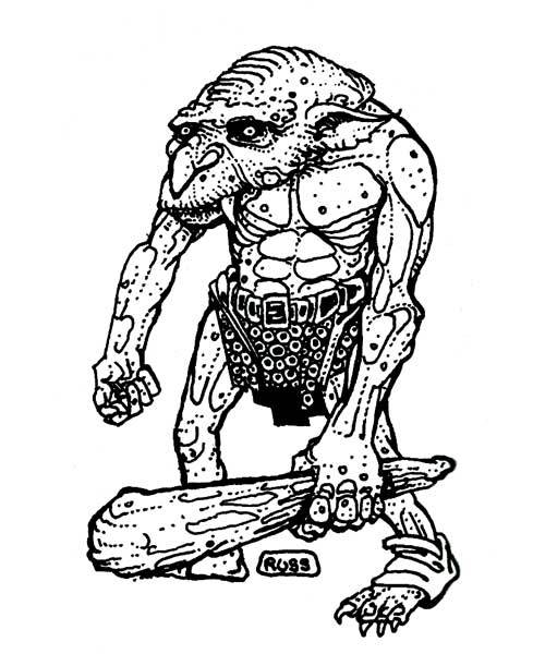 Norkers are distant relatives of hobgoblins with elongated fangs and tough armor-like skin. (Russ Nicholson from the AD&D Field Folio, TSR, 1981.)