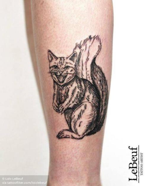 By Loïc LeBeuf, done at Grotesque Tattooing, Carouge.... leg;surrealist;pet;feline;loiclebeuf;animal;rodent;facebook;blackwork;twitter;squirrel;engraving;medium size;cat