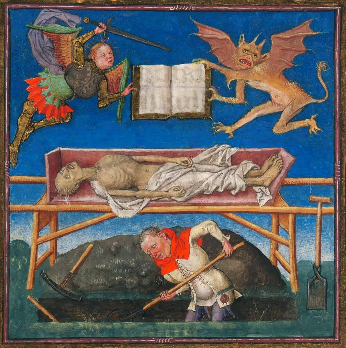 mediumaevum: “(Talk about memento mori… this is pretty visual) Hours of Catherine of Cleves, The Netherlands, Utrecht, ca. 1440. (The Morgan Library and Museum) Here we can see an angel and the devil fighting over a deceased man’s Book of life, where...