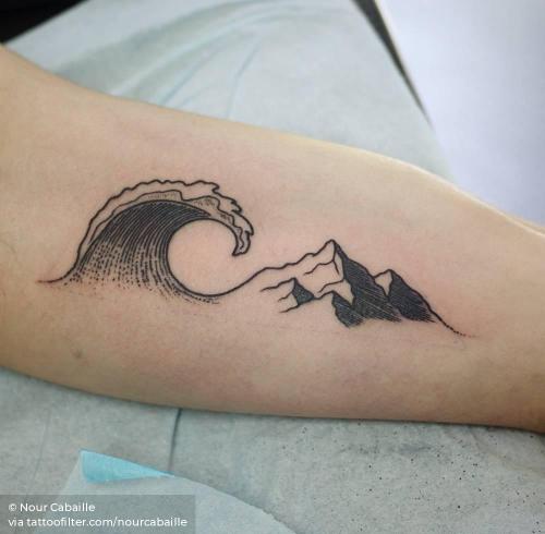 By Nour Cabaille, done in Ferney-Voltaire.... blackwork;facebook;inner arm;medium size;mountain;nature;nourcabaille;ocean;twitter;wave