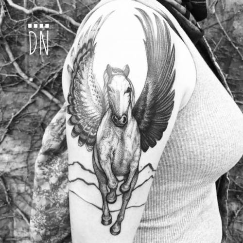 By Dino Nemec, done at Lone Wolf Private Tattooing Studio,... dinonemec;pegasus;greek mythology;greece;patriotic;big;facebook;twitter;mythology;illustrative;upper arm